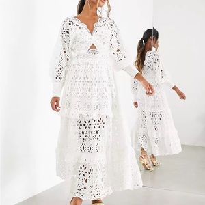 ASOS EDITION v neck eyelet midi dress with puff sleeve in white NWOT
